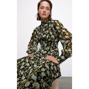 EUC Zara Floral Long Sleeve Midi Dress with Mock Neck and See thru Sleeves XS